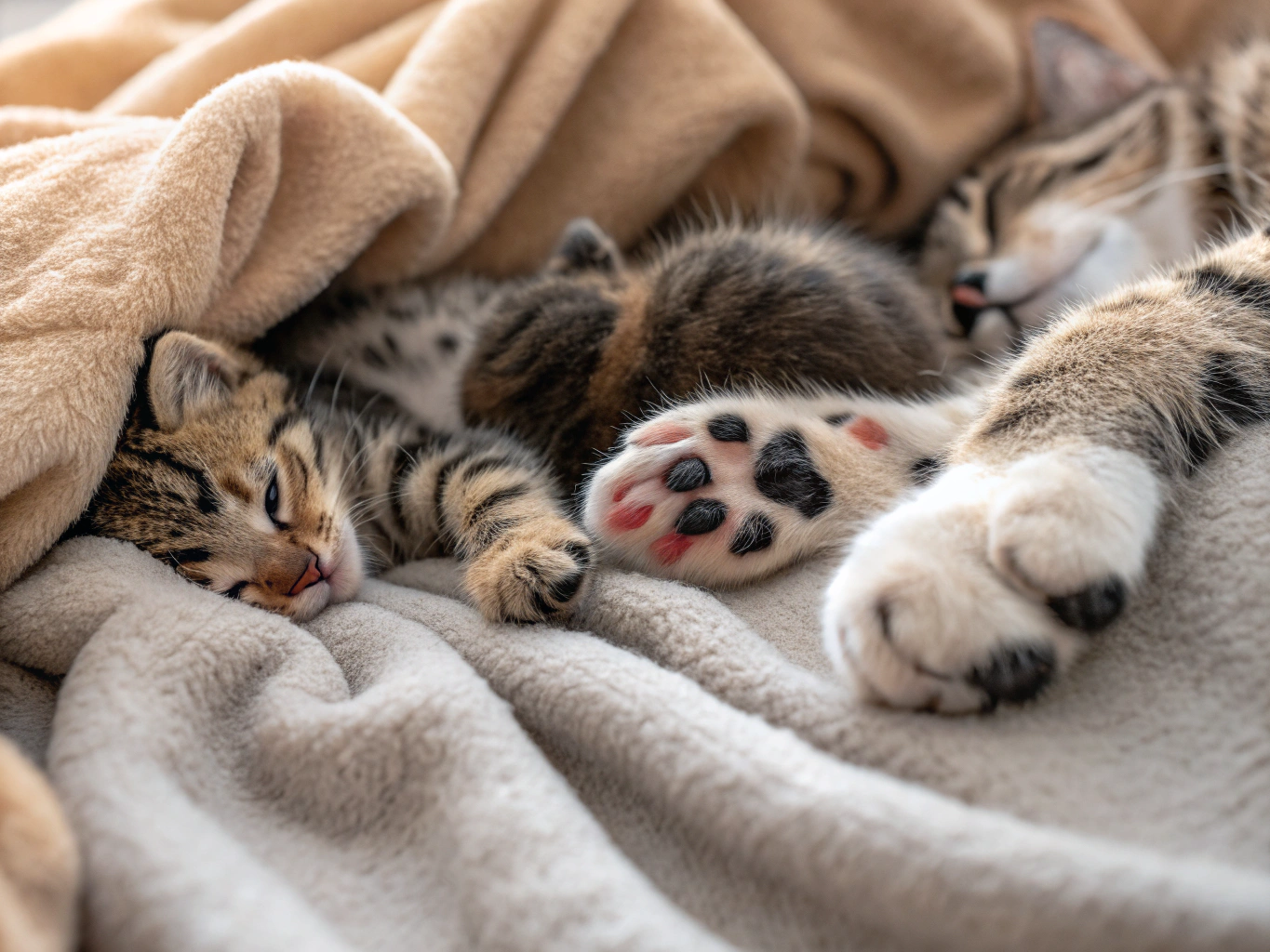 Close-up of a cat’s front paws resting on a soft blanket, bathed in warm sunlight, symbolizing