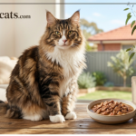 A beautiful Maine Coon cat sitting next to a bowl of Dehner Best Nature Wet Food (Veal & Turkey flavor) in a sunlit Australian home setting. The image is optimized for best wet cat food australia.