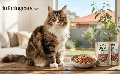 Best Wet Cat Food Australia: A Deep Dive into Premium Nutrition for Your Feline - Australian Pet Guide A beautiful Maine Coon cat sitting next to a bowl of Dehner Best Nature Wet Food (Veal & Turkey flavor) in a sunlit Australian home setting. The image is optimized for best wet cat food australia.