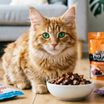 Fluffy Maine Coon kitten eating premium wet food from ceramic bowl with Royal Canin and Purina Pro Plan pouches nearby