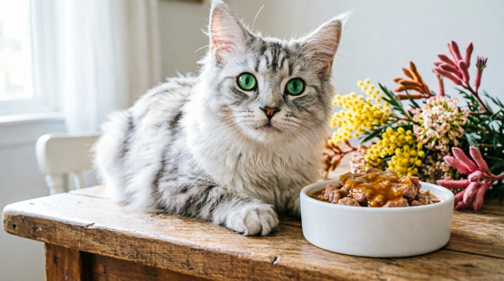 Maine Coon kitten with premium wet food bowl Australia