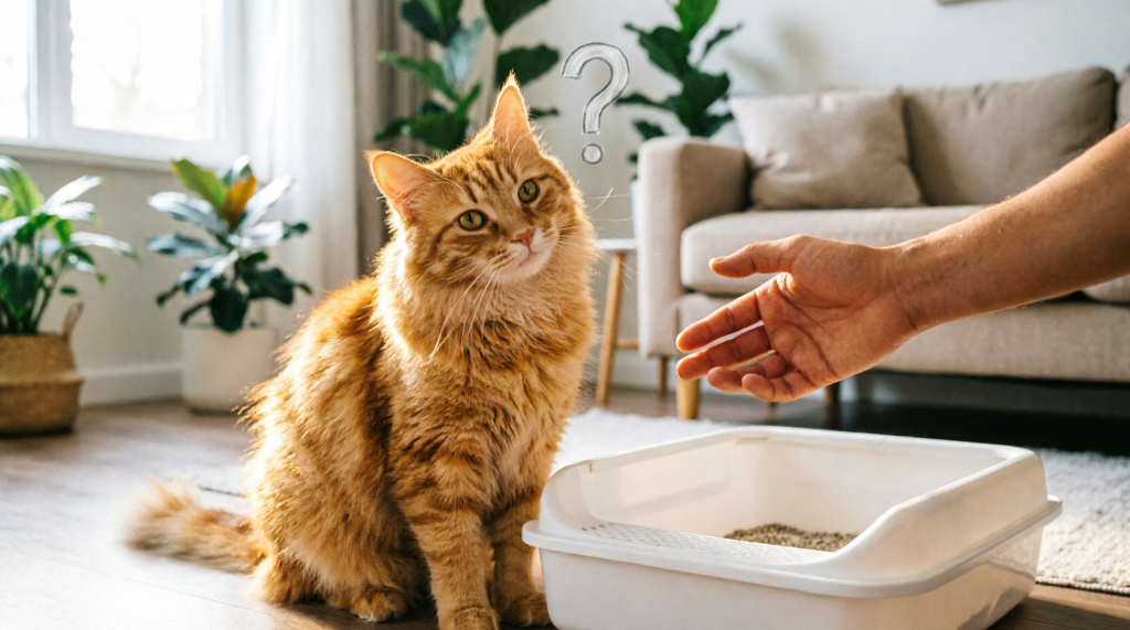 Confused orange tabby cat sitting next to clean litter box with question mark - why does my cat poop on the floor Confused orange tabby cat sitting next to clean litter box with question mark - why does my cat poop on the floor