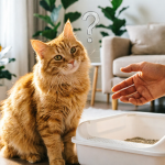 Confused orange tabby cat sitting next to clean litter box with question mark - why does my cat poop on the floor